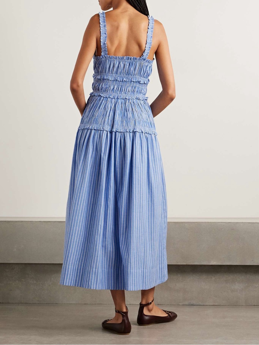 Doen Marianne Shirred Striped Cotton Poplin Midi Dress - Picture 2 of 8